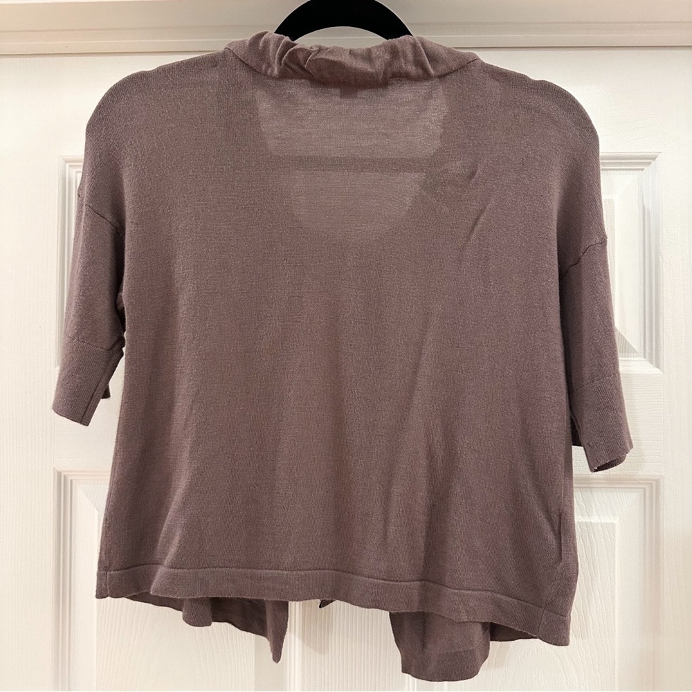 Loft Short Sleeve Ribbon Tie Gathered Neckline Cardigan Sweater Dark Taupe Gray - Picture 3 of 5